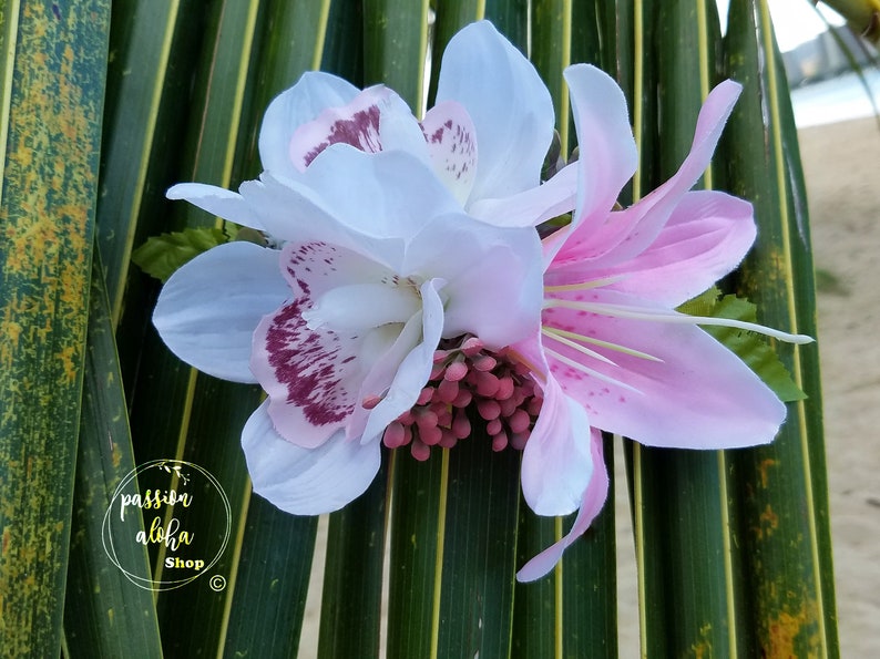 Tropical Hair Clip, Hawaiian Hair Clip, Silk Flower Hair Clip, Bridal Headpiece, Orchid, Lily, Pin Up Hair Flower, Flower Fascinator, Aloha image 2