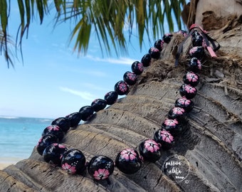 Kukui Nut Lei, Hawaiian Graduation Lei, Hand-Painted Hibiscus Necklace for Luau, Hula, Beach Wedding & Gift