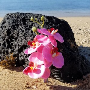 May include: Pink orchid flower arrangement with a small round tag that says "positive aloha shop". The flowers are on a beach with a black rock in the background.
