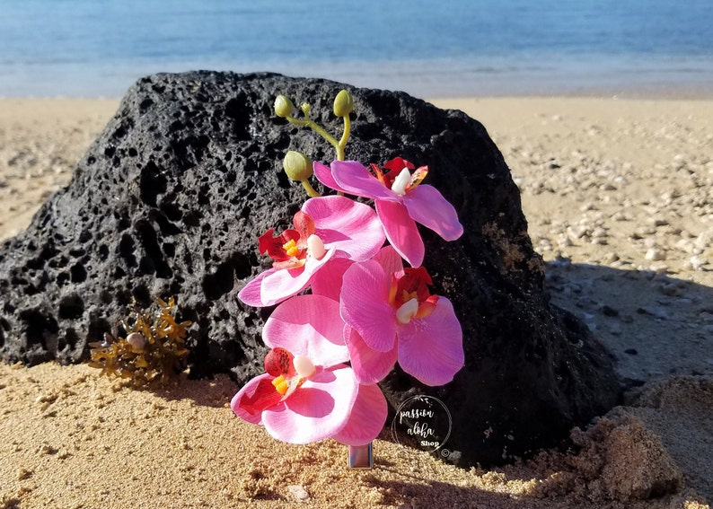May include: Pink orchid flower arrangement with a small round tag that says "positive aloha shop". The flowers are on a beach with a black rock in the background.