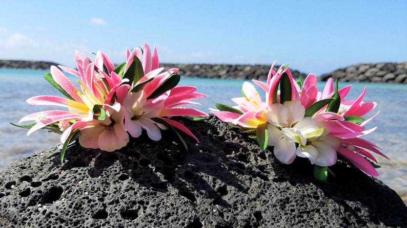 May include: Two pink and white flower hair clips with green leaves, set against a backdrop of a rocky beach and blue ocean.