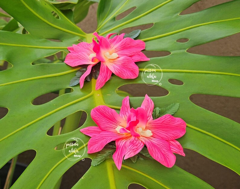 Double Orchid Hair Clip, Tropical Hair Clip, Hawaiian Flower, Fascinator, Silk Flower Hair Clip, Bridal Hair Clip, Beach Party, Pink image 3