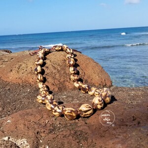 May include: A brown and beige seed necklace with a brown leather cord. The necklace is on a rock with the ocean in the background.