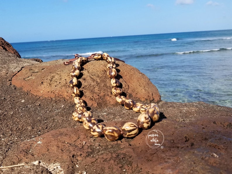 May include: A brown and beige seed necklace with a brown leather cord. The necklace is on a rock with the ocean in the background.
