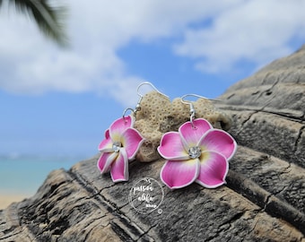 Tropical Plumeria Earrings - Handmade Flower Drop Earrings - Hawaiian Flower Earrings for Beach, Vacation, Lightweight, Pink Plumeria