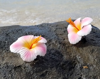 Könnte beinhalten: Zwei rosa und weiße Hibiskusblüten mit gelben Zentren liegen auf einem dunkelgrauen Stein. Die Blüten sind scharf, während der Stein und der Hintergrund unscharf sind.