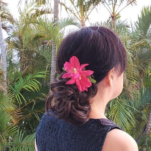 Double Orchid Hair Clip, Tropical Hair Clip, Hawaiian Flower, Fascinator, Silk Flower Hair Clip, Bridal Hair Clip, Beach Party, Pink image 10