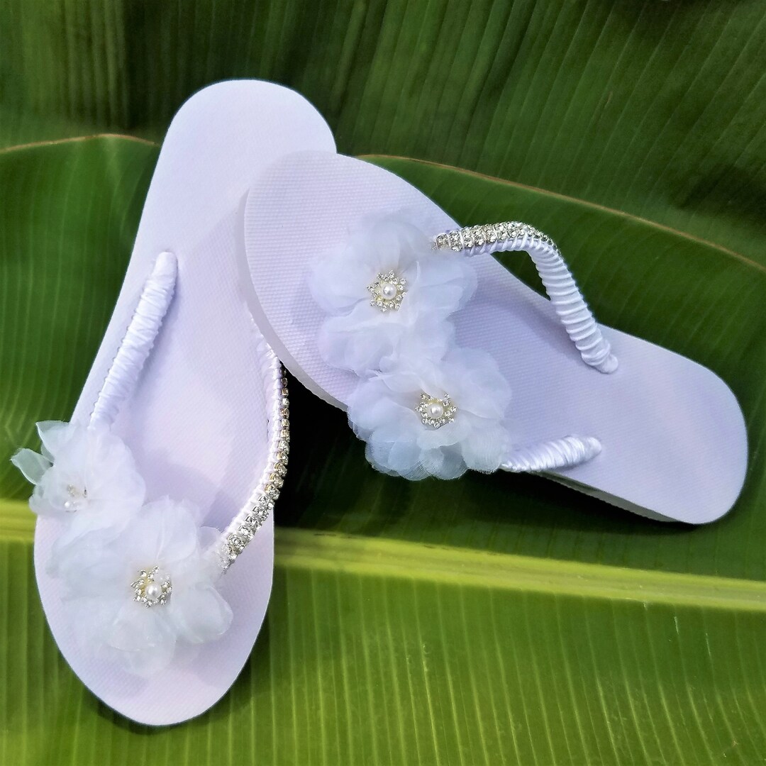 Flower Flip Flops, Rhinestone Flip Flops, Wedding Shoes, Bridal Flip