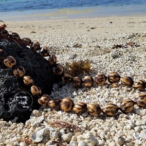 May include: A brown and black seed lei necklace on a beach with a rock and sand. The lei is tied with a brown ribbon.