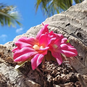 Double Orchid Hair Clip, Tropical Hair Clip, Hawaiian Flower, Fascinator, Silk Flower Hair Clip, Bridal Hair Clip, Beach Party, Pink image 4