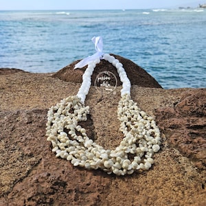 May include: A white shell lei with a white ribbon. The lei is on a brown rock with a blue ocean in the background.