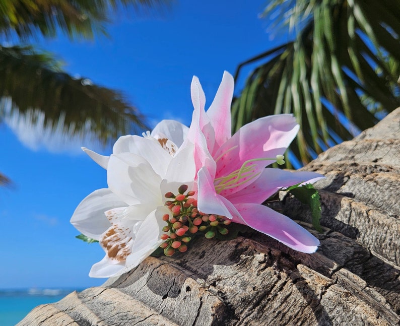 Tropical Hair Clip, Hawaiian Hair Clip, Silk Flower Hair Clip, Bridal Headpiece, Orchid, Lily, Pin Up Hair Flower, Flower Fascinator, Aloha image 4