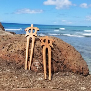 May include: Two wooden hair sticks featuring a turtle design. The sticks are brown and have a natural finish. They are resting on a rock with the ocean in the background.