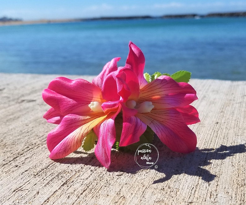 Double Orchid Hair Clip, Tropical Hair Clip, Hawaiian Flower, Fascinator, Silk Flower Hair Clip, Bridal Hair Clip, Beach Party, Pink image 5