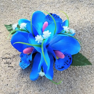 Orchid Hair Clip,Tropical Hair Clip,Hawaiian Hair Clip,Silk Flower Hair Clip,Wedding Headpiece,Beach Wedding,Flower Brooch,Beach Party,Blue