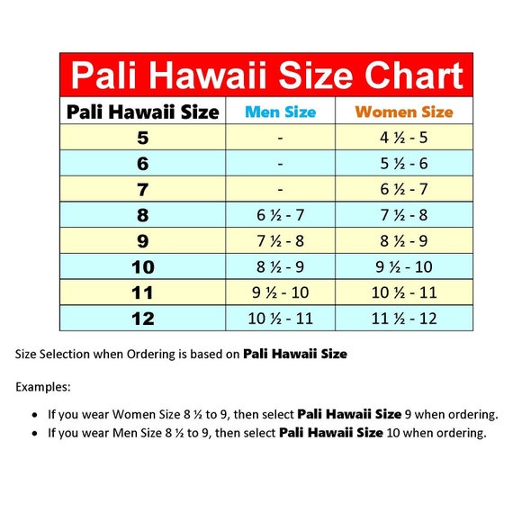 Pali Hawaii Sandals Size Chart