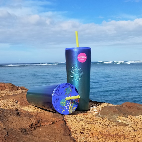 Blue Glass With Yellow Lid and Straw is Starbucks New Hawaii