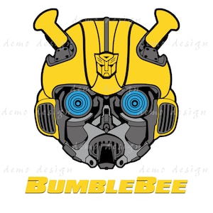 May include: A yellow and grey cartoon illustration of Bumblebee, a robot from the Transformers franchise. The robot has a yellow helmet with a black Autobot symbol and blue eyes. The text "BUMBLEBEE" is written in yellow letters below the robot.