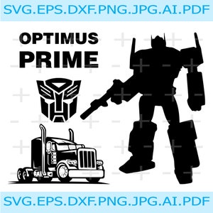 Op de afbeelding: Zwart-witte silhouet van Optimus Prime, een robot uit de Transformers-franchise, in zijn vrachtwagenvorm. De robot staat met zijn arm uitgestrekt en houdt een pistool vast. De tekst "OPTIMUS PRIME" staat boven de robot. Het Autobot-symbool van de robot bevindt zich onder de tekst.