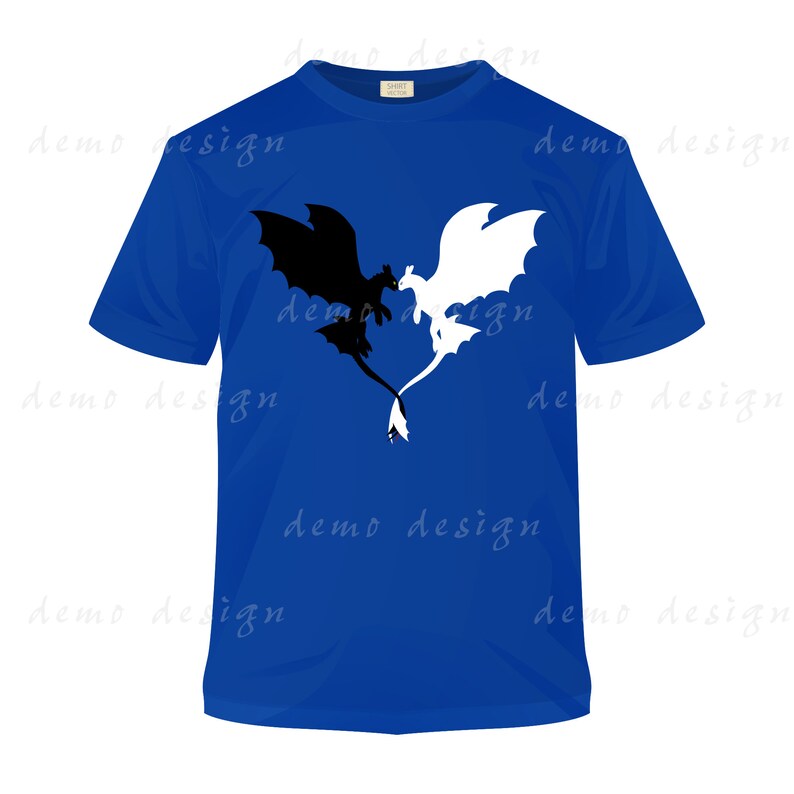 May include: A blue t-shirt with a black and white silhouette of two dragons facing each other. The dragons are in a heart shape.