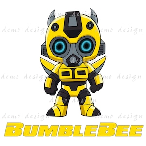 May include: A cartoon illustration of Bumblebee, a yellow and black robot character. The character has blue eyes, a gray face mask, and small horns. The word "BUMBLEBEE" is written in yellow block letters at the bottom.