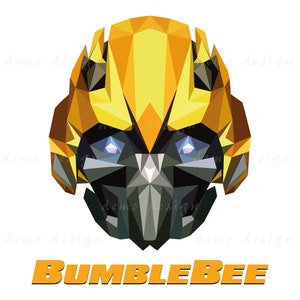 Könnte beinhalten: Eine geometrische Illustration in Gelb und Schwarz von Bumblebee, einem Robotercharakter aus dem Transformers-Franchise. Das Bild ist im Low-Poly-Stil gestaltet.