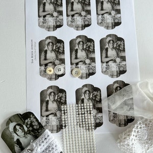 May include: Nine black and white printable tags with the word "Beutens" printed on each tag. The tags feature a vintage image of a woman in a dress holding a teapot. The tags are surrounded by white lace, pearl beads, and buttons.
