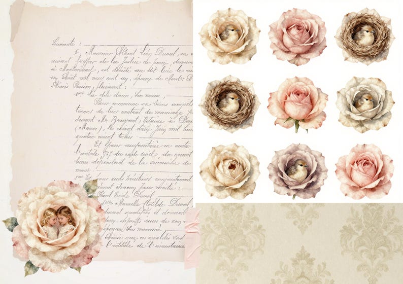 1909 Antique French Cursive & Shabby Roses-digital Printable - Etsy