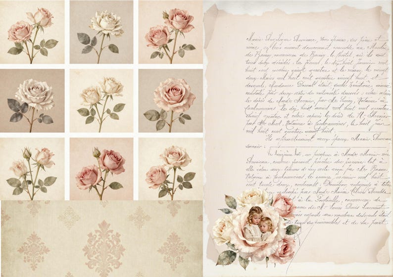 1909 Antique French Cursive & Shabby Roses-digital Printable - Etsy