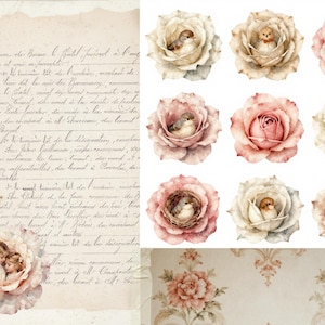 May include: Watercolor illustrations of roses in various colors, some with birds nestled inside. A vintage paper with handwritten script and a rose illustration is also present. The overall theme is romantic and vintage.