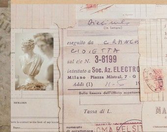 以下が含まれることがあります： イタリア語で手書きされたテキストが書かれたヴィンテージレシートで、「eseguito da」と「Soc. Az. ELECTRO」という言葉が含まれています。レシートは部分的に破れており、色あせて古びた外観をしています。背景には、小さな白い石膏製の女性の胸像が見えます。