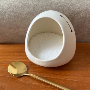 May include: A white ceramic salt cellar with a rounded shape and black painted details. The interior is filled with white salt. A gold-colored spoon rests on a wooden surface next to the cellar.