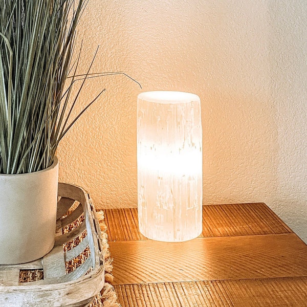 White Selenite Crystal Flat Lamp | Home Decor