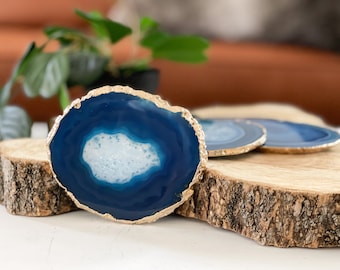 Agate Coasters with Gold Rim | Blue and White Tones | Agate Drink & Barware | Home Decor