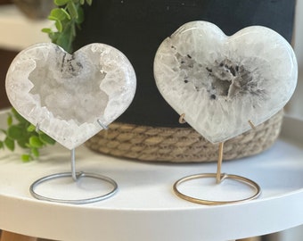 Agate Heart Geode Quartz Sugar Druze Heart on Stand