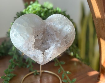 Agate Heart Geode Quartz Sugar Druze Heart on Stand