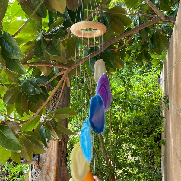 Bohemian 7 Chakra Agate Wind Chime Hanger |  Wood Crystal Garland