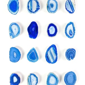 Puede incluir: Una colección de 16 rebanadas de ágata azul dispuestas en una cuadrícula sobre un fondo blanco. Las rebanadas de ágata son de diferentes formas y tamaños, pero todas tienen un esquema de color azul y blanco similar.