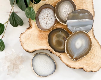 Agate Coasters with Gold Rim | Neutrals Gray, Beige, and White |