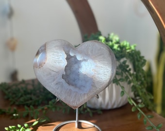 Agate Heart Geode Quartz Sugar Druze Heart on Stand