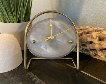 Gray Agate Clock with Gold Clock Hands Mounted on a Gold Stand | Agate Clock | Great Gift