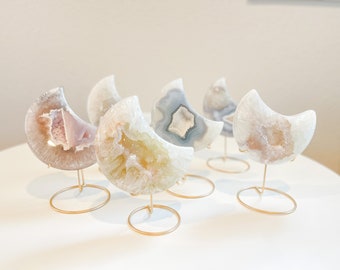Agate Crystal Geode Quartz Sugar Druzy Moon on Gold/Silver Stand