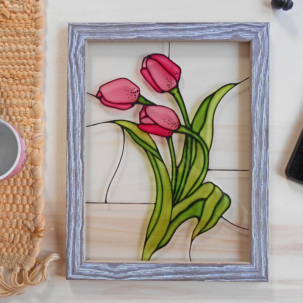 Pink tulips painting on glass panel • Floral decoration • Framed small wall art • Colored glass art • Flowers painting • Ready to hang