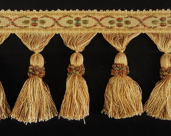4 1/4" Gold, Terra Cotta & Green Embroidered Decorative Tassel Fringe - 5 Yards