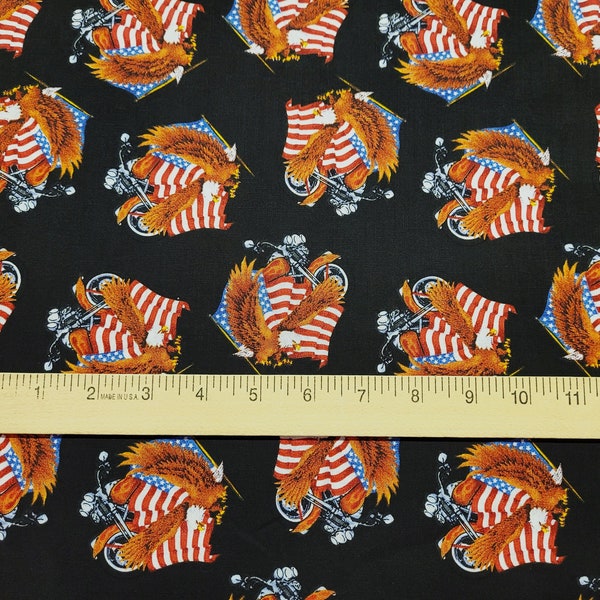 Patriotic Eagles, Flags & Motorcycles Black Print 100% Cotton Fabric - By The Yard