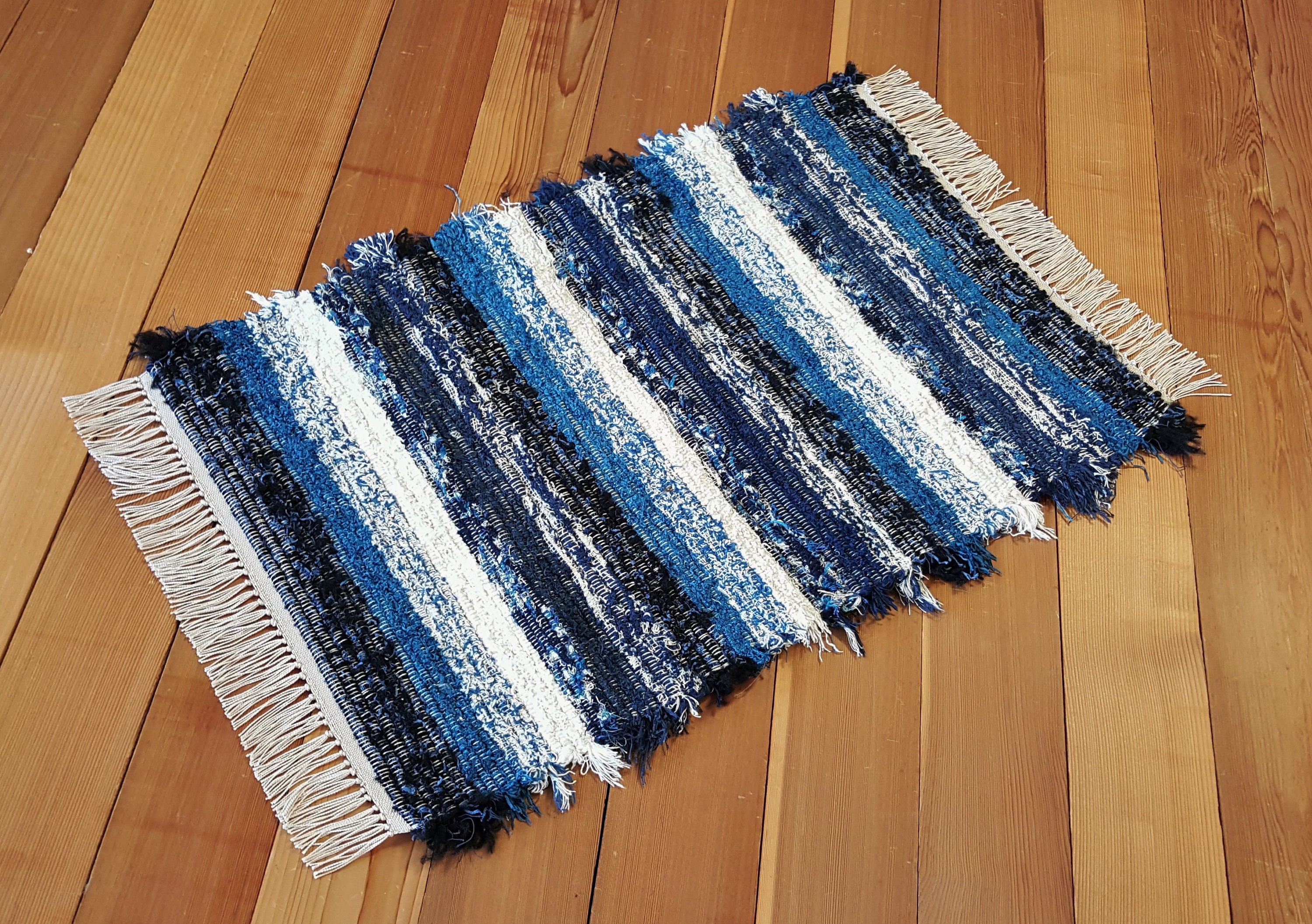 Hand Woven Navy Blue Rag Rug: Textured Cotton Area Rug (24