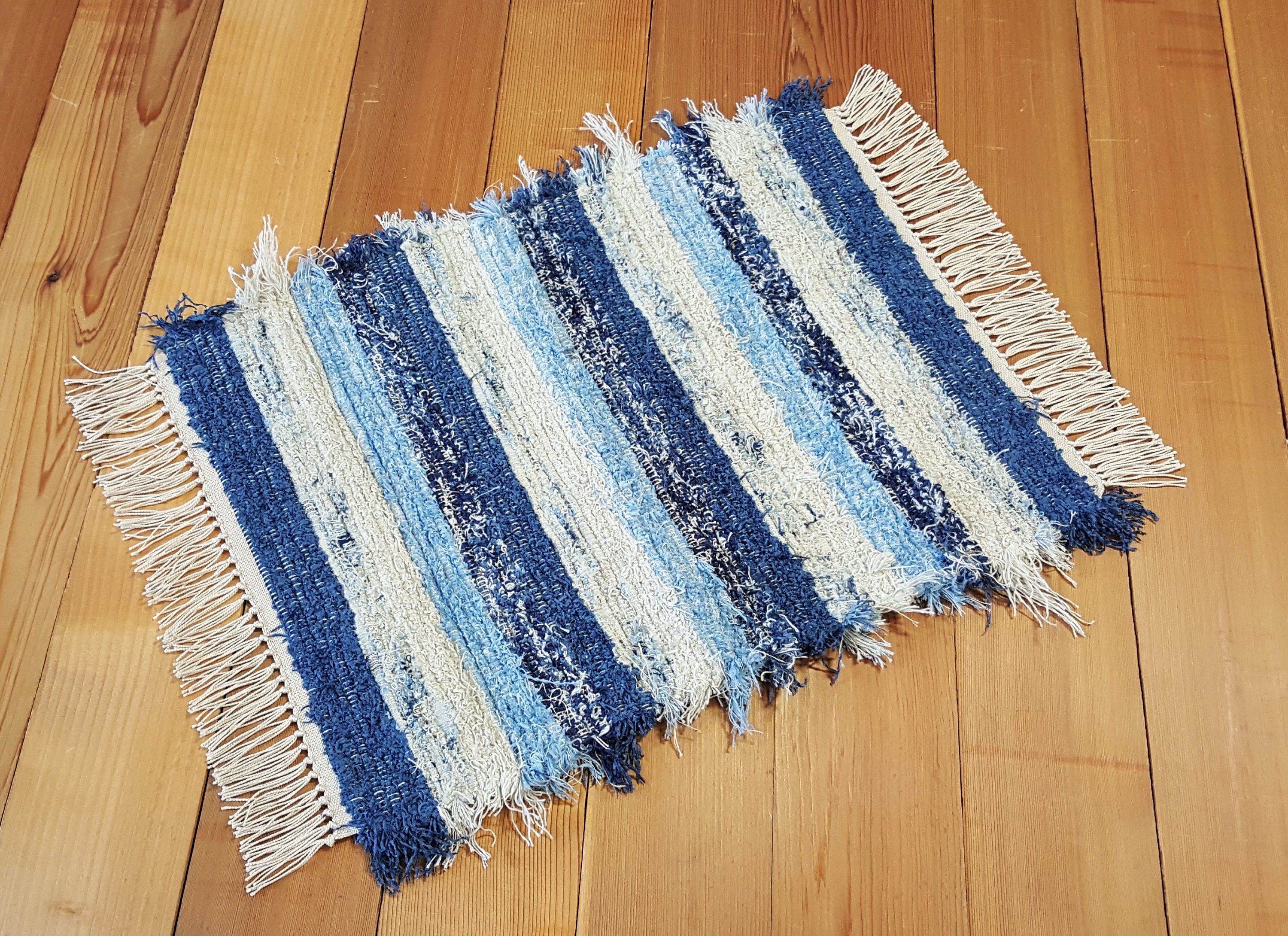 Hand Woven Rag Rug: Country Blue, Navy & Cream (20