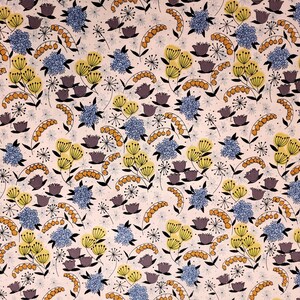 May include: A pink fabric with a repeating pattern of blue, yellow, and orange flowers. The flowers are stylized and have a retro feel.