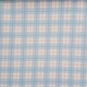May include: A blue and white checkered fabric with a subtle pink thread running through it.