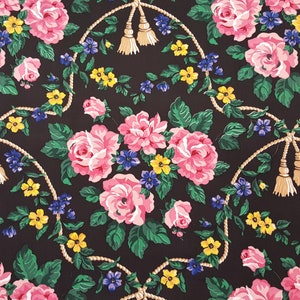 Tan, Green, Periwinkle, Yellow, Gold, Pink, Rose, White & Black Floral Drapery Fabric - By The Yard